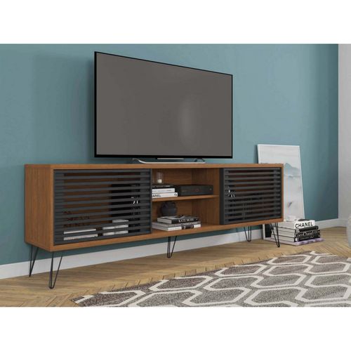 Meuble TV 72 Pouces Chêne Et Noir 4 Niches 2 Portes L 180 H 65 P 33 Cm