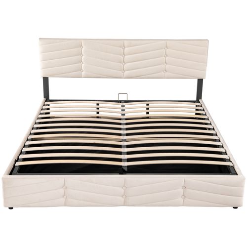Lit Double Lit Coffre 160x200 Cm Tête De Lit Réglable En Hauteur, Velours, Beige