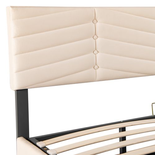 Lit Double Lit Coffre 160x200 Cm Tête De Lit Réglable En Hauteur, Velours, Beige