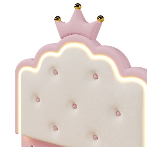 Lit Enfant Lit 90x200, Lit Simple Avec Lumière D'ambiance LED Réglable, Pu, rose