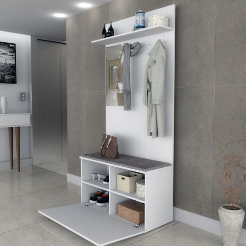 Meuble Vestiaire D'entrée Blanc Miroir Coffre Et Patères L 87 H 180 P 35 Cm