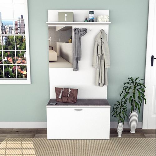 Meuble Vestiaire D'entrée Blanc Miroir Coffre Et Patères L 87 H 180 P 35 Cm