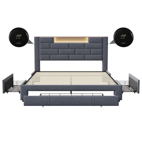 Lit Double 140x200 Cm, Velours Gris, LED Tête De Lit, 3 Tiroirs, USB, Sommier Bois, Fonctionnel