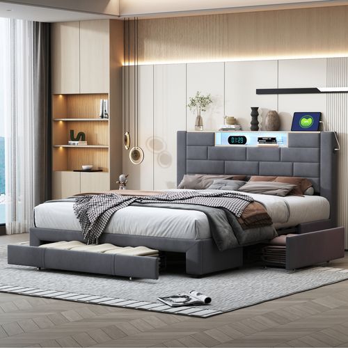 Lit Double 140x200 Cm, Velours Gris, LED Tête De Lit, 3 Tiroirs, USB, Sommier Bois, Fonctionnel