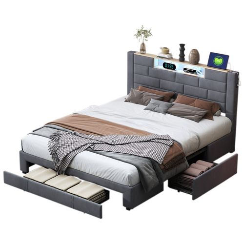 Lit Double 140x200 Cm, Velours Gris, LED Tête De Lit, 3 Tiroirs, USB, Sommier Bois, Fonctionnel