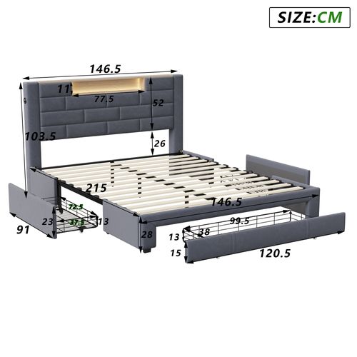 Lit Double 140x200 Cm, Velours Gris, LED Tête De Lit, 3 Tiroirs, USB, Sommier Bois, Fonctionnel