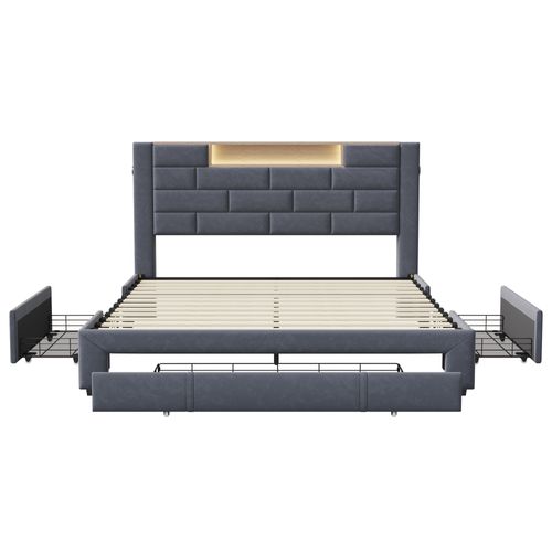 Lit Double 140x200 Cm, Velours Gris, LED Tête De Lit, 3 Tiroirs, USB, Sommier Bois, Fonctionnel