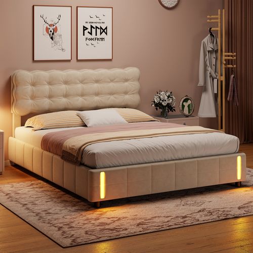 Lit Coffre 140x200 Cm Avec Rangement, Capitonné Velours Beige, Sommier LED, Lattes