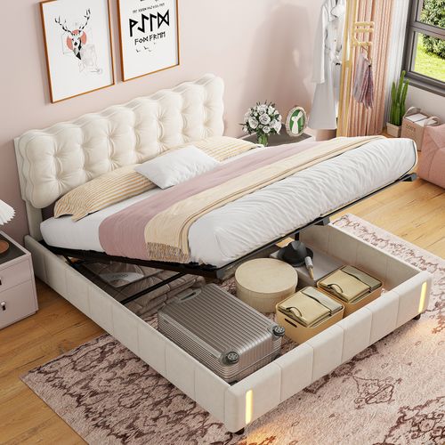 Lit Coffre 140x200 Cm Avec Rangement, Capitonné Velours Beige, Sommier LED, Lattes