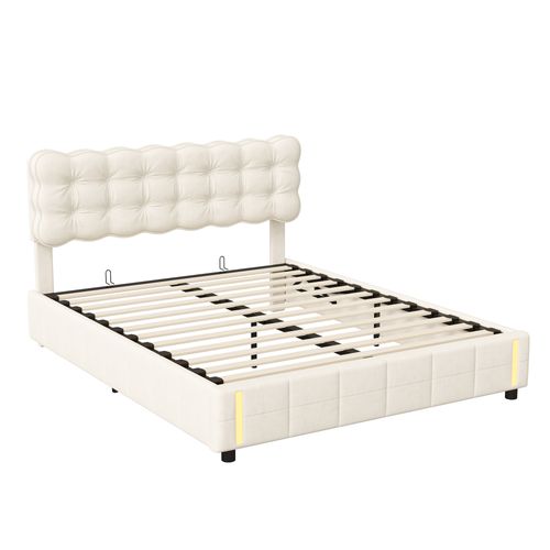 Lit Coffre 140x200 Cm Avec Rangement, Capitonné Velours Beige, Sommier LED, Lattes