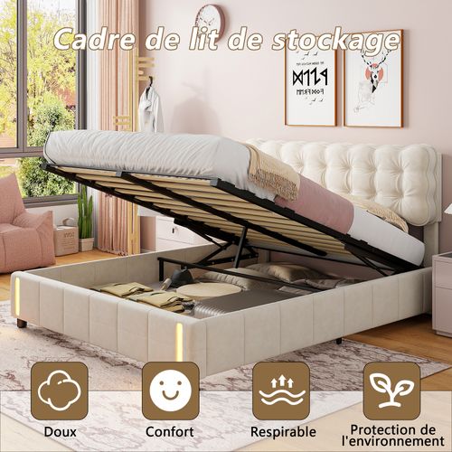 Lit Coffre 140x200 Cm Avec Rangement, Capitonné Velours Beige, Sommier LED, Lattes
