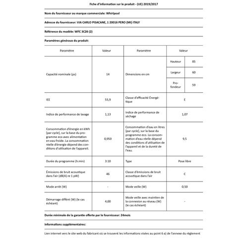 Lave-vaisselle Pose Libre 14 Couverts 60 cm E - Wfc3c26
