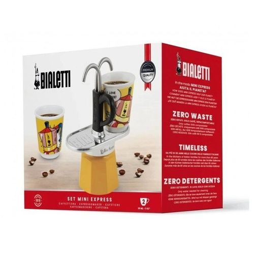 Set Cafetiere Italienne + 2 Tasses - Mini-express Lichtenstein - 100 Ml - Inox / Jaune
