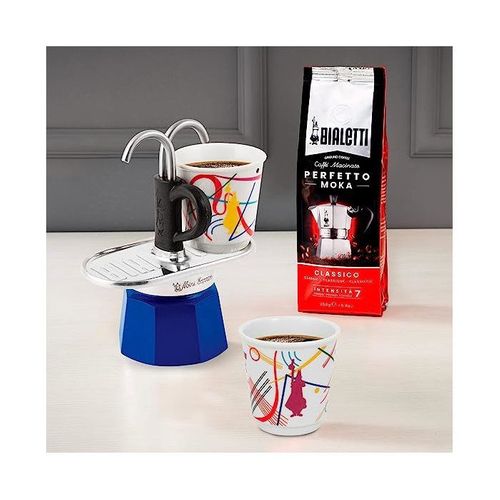 Set Cafetiere Italienne + 2 Tasses - Mini-express Kandinsky - 100 Ml - Inox / Bleu