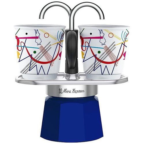 Set Cafetiere Italienne + 2 Tasses - Mini-express Kandinsky - 100 Ml - Inox / Bleu