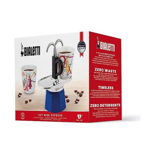 Set Cafetiere Italienne + 2 Tasses - Mini-express Kandinsky - 100 Ml - Inox / Bleu