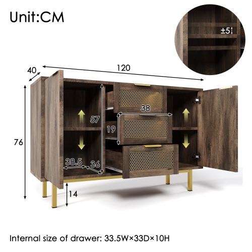 Buffet Commode Avec 3 Tiroirs Et 2 Portes, 120 X 40 X 76 Cm, Marron Foncé, Poignées En Métal