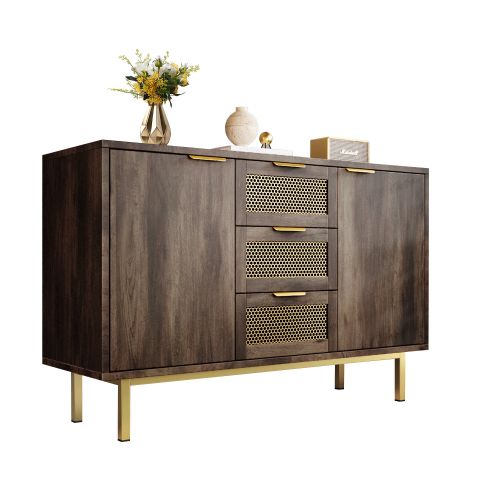 Buffet Commode Avec 3 Tiroirs Et 2 Portes, 120 X 40 X 76 Cm, Marron Foncé, Poignées En Métal