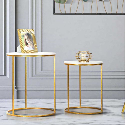 Bout De Canapé En Métal Plateau Imitation Marbre Couple (lot De 2)