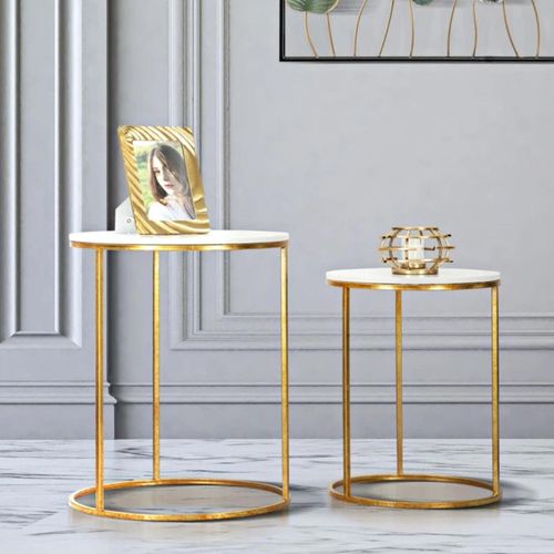 Bout De Canapé En Métal Plateau Imitation Marbre Couple (lot De 2)