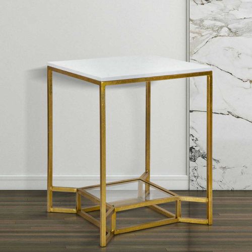 Bout De Canapé En Métal Plateau Imitation Marbre Double 47 X 47 X 60 Cm