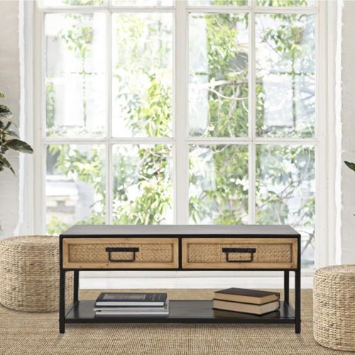 Meuble TV 2 Tiroirs "hanoï" 95cm Naturel et Noir