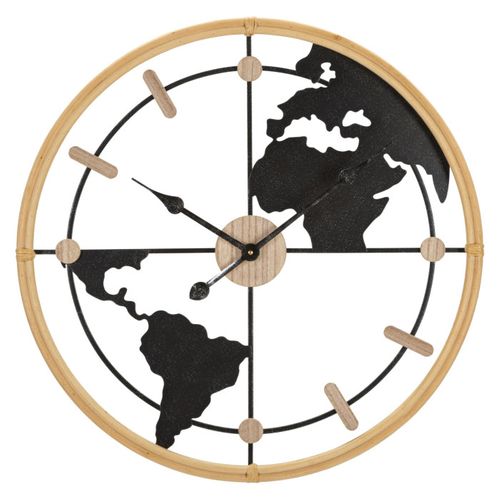 Horloge Murale En Métal "world" 60cm Noir et Naturel