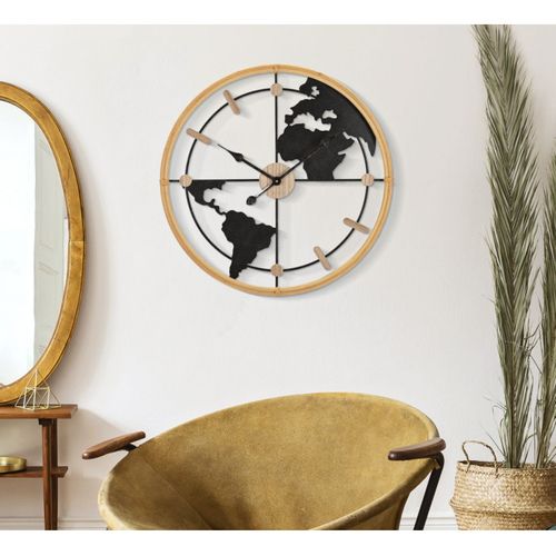 Horloge Murale En Métal "world" 60cm Noir et Naturel