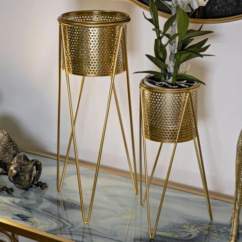 Lot De 2 Cache-pots Sur Pieds "iva" 46cm Doré