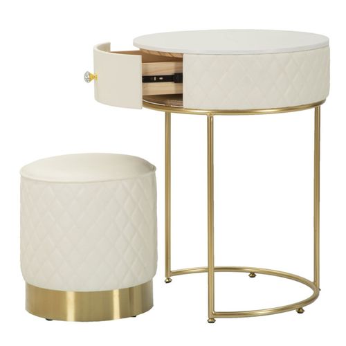 Table De Chevet Avec Pouf "sharon" 70cm Blanc et Or