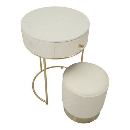 Table De Chevet Avec Pouf "sharon" 70cm Blanc et Or