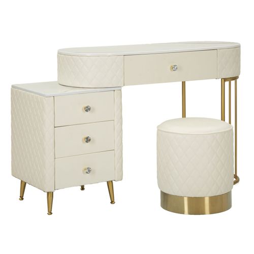 Coiffeuse Avec Pouf Effet Marbre "sharon" 120 Blanc et Or