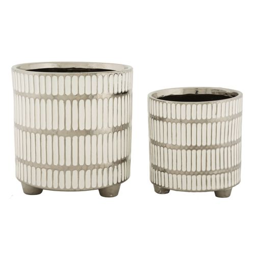 Lot De 2 Vases En Céramique "ray" 24cm Blanc et Argent