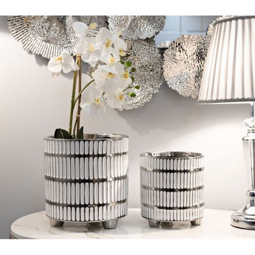 Lot De 2 Vases En Céramique "ray" 24cm Blanc et Argent