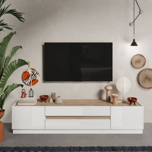 Meuble TV 2 portes 2 tiroirs MAZARIN imitation chêne et blanc brillant