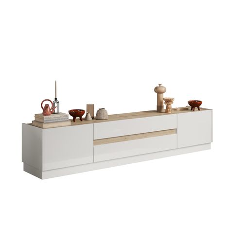 Meuble TV 2 portes 2 tiroirs MAZARIN imitation chêne et blanc brillant