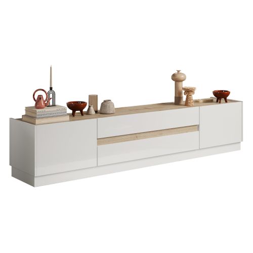 Meuble TV 2 portes 2 tiroirs MAZARIN imitation chêne et blanc brillant