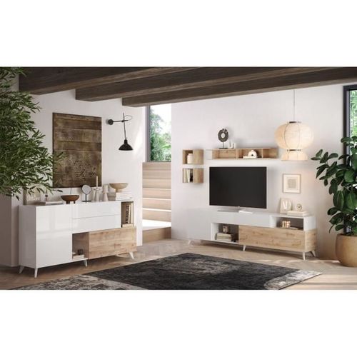 Meuble TV - Montecarlo XXL - 1 Porte - 2 Tiroirs - Blanc Laqué / Chêne Cadiz - 241 X 43 X 67 Cm