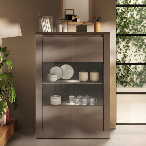 Vitrine 2 Portes, 3 Étagères En Bois Effet Bronze Et Mercure H160 Cm