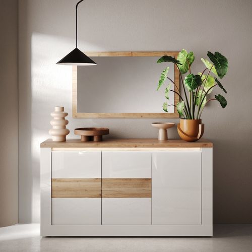 Buffet LED 3 portes 160 cm ISCHIA imitation chêne et blanc