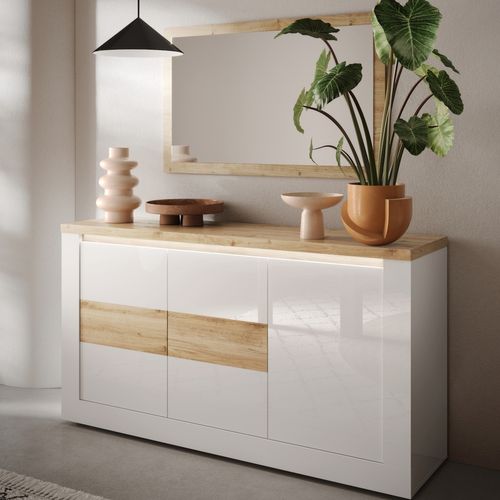 Buffet LED 3 portes 160 cm ISCHIA imitation chêne et blanc