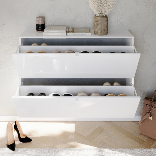 Meuble à Chaussures 2 Abattants Décor Blanc Brillant L110 Cm