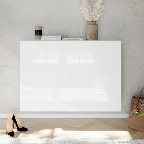 Meuble à Chaussures 2 Abattants Décor Blanc Brillant L110 Cm