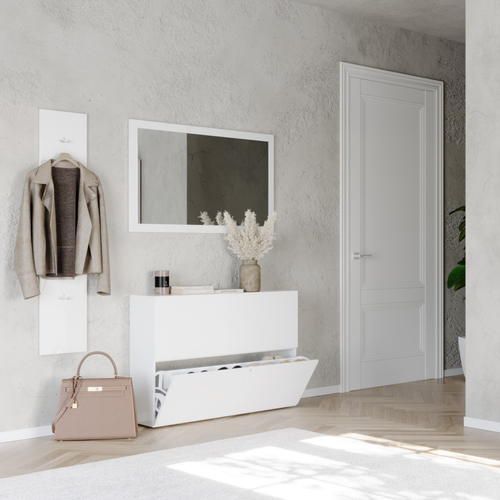 Meuble à Chaussures 2 Abattants Décor Blanc Brillant L110 Cm
