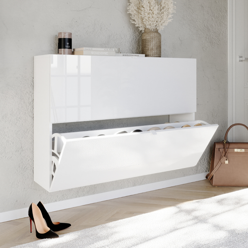 Meuble à Chaussures 2 Abattants Décor Blanc Brillant L110 Cm