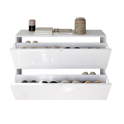 Meuble à Chaussures 2 Abattants Décor Blanc Brillant L110 Cm