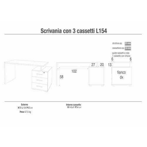 Bureau 3 Tiroirs L154 En Kit