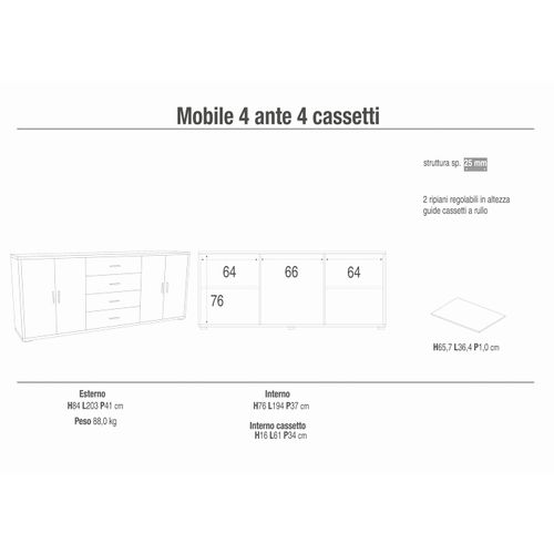 Armoire 4 Portes 4 Tiroirs H84 L203 Kit - Marron