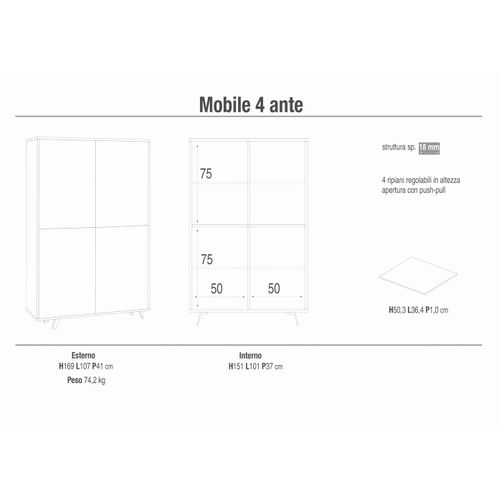 Armoire 4 Portes H161 L108 Kit Push-pull - Gris Et Marbre