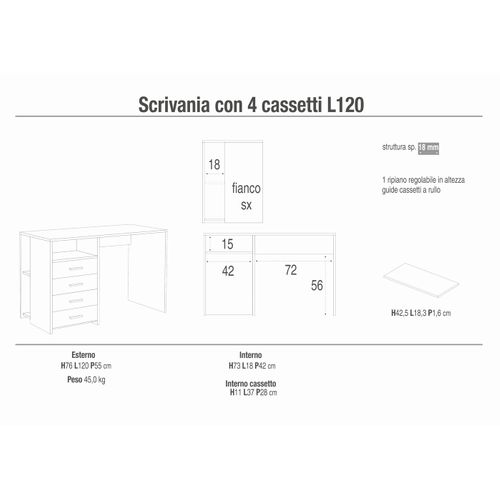 Bureau 4 Tiroirs L120 Kit - Blanc